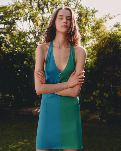 GREEN BLUE HALTER DRESS